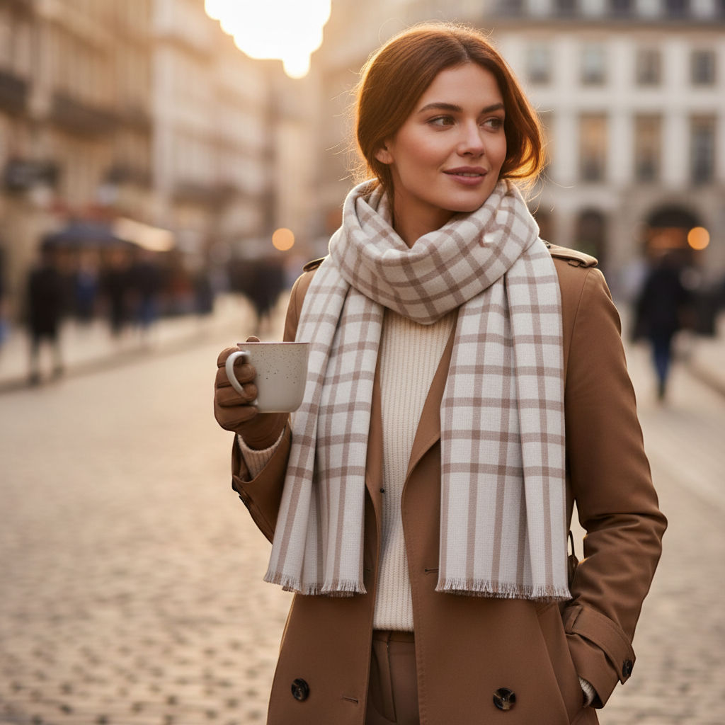 Check White Cashmere Scarf